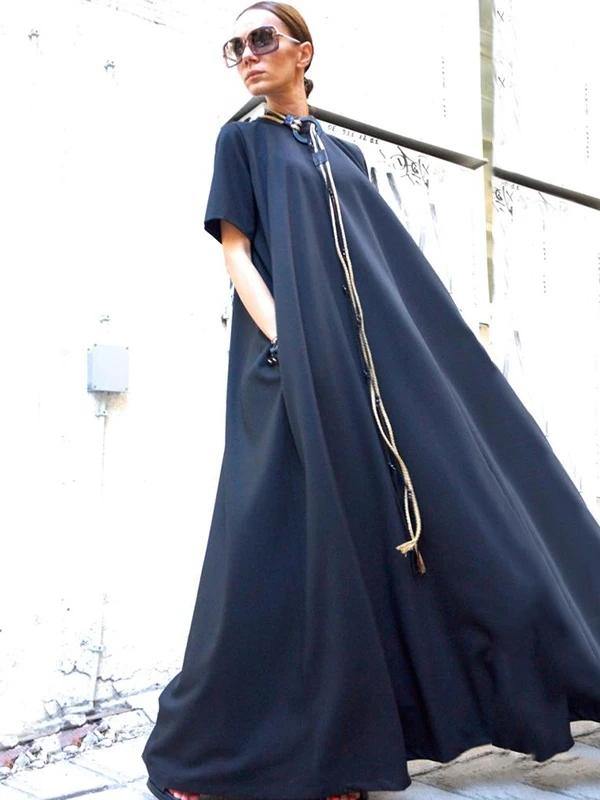 Organic Navy Dresses Short Sleeve Large Hem Cotton Spring Dresses
