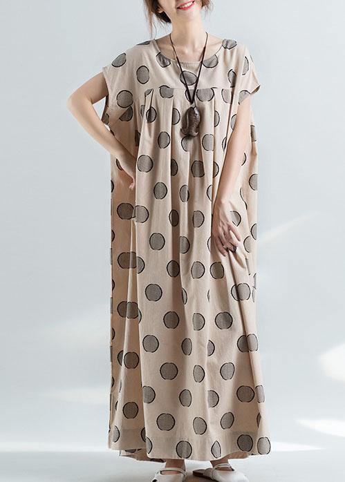 Organic Nude Dotted Prints Cotton Tunic Pattern Loose Waist Maxi Summer Dress