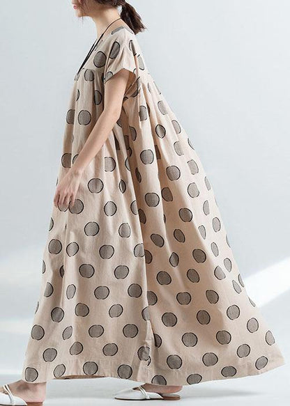 Organic Nude Dotted Prints Cotton Tunic Pattern Loose Waist Maxi Summer Dress