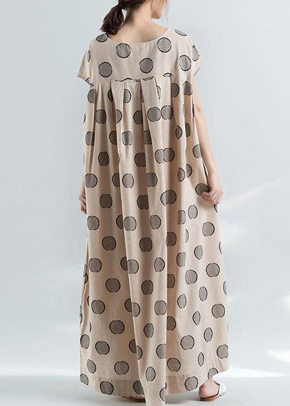 Organic Nude Dotted Prints Cotton Tunic Pattern Loose Waist Maxi Summer Dress