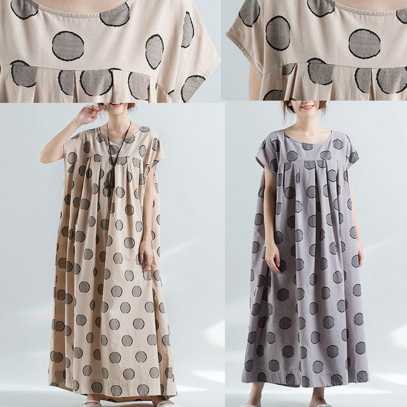 Organic Nude Dotted Prints Cotton Tunic Pattern Loose Waist Maxi Summer Dress
