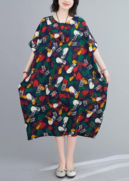 Organic O Neck Batwing Sleeve Dress Fabrics Blue Print Maxi Dresses