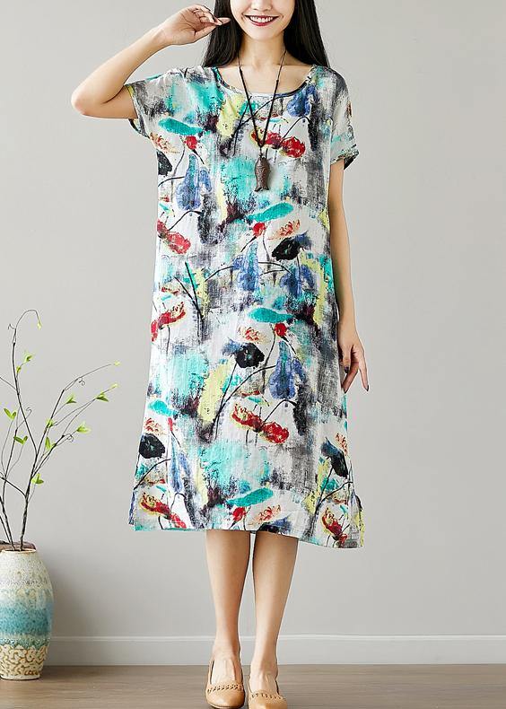 Organic O Neck Cotton Tunics Sewing Green Print Dresses Summer