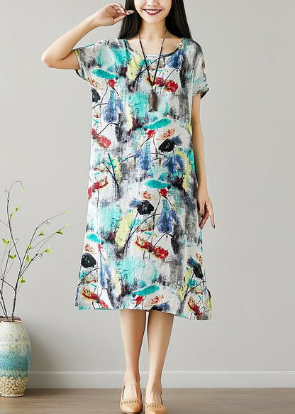 Organic O Neck Cotton Tunics Sewing Green Print Dresses Summer