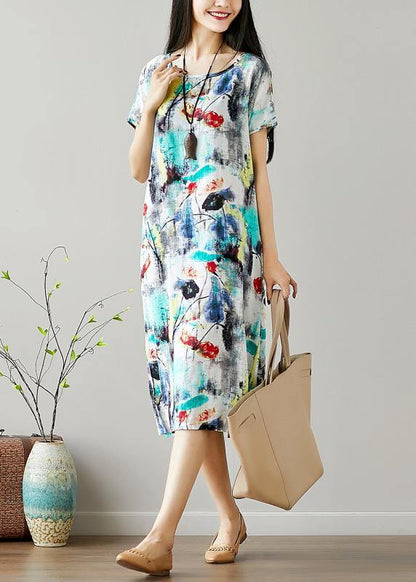 Organic O Neck Cotton Tunics Sewing Green Print Dresses Summer