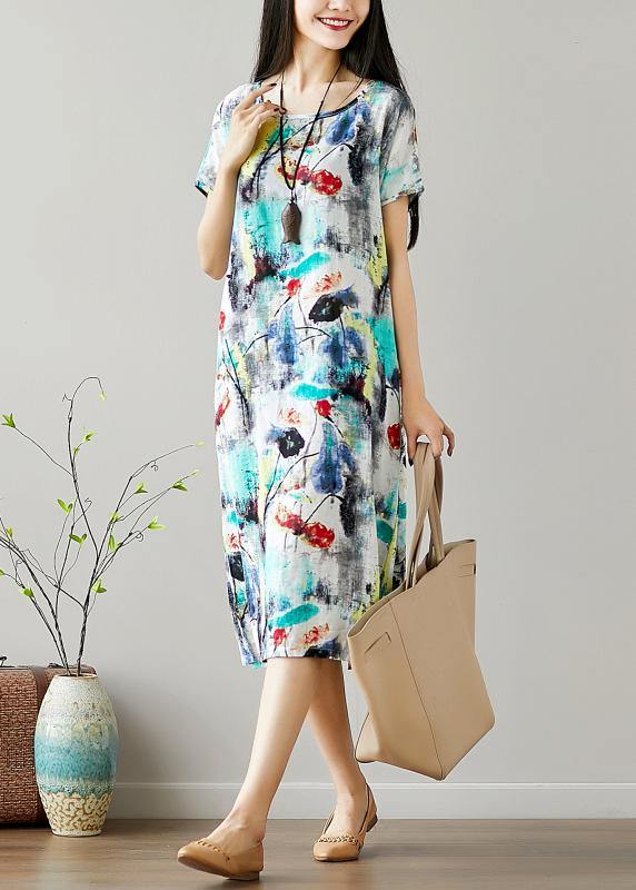 Organic O Neck Cotton Tunics Sewing Green Print Dresses Summer