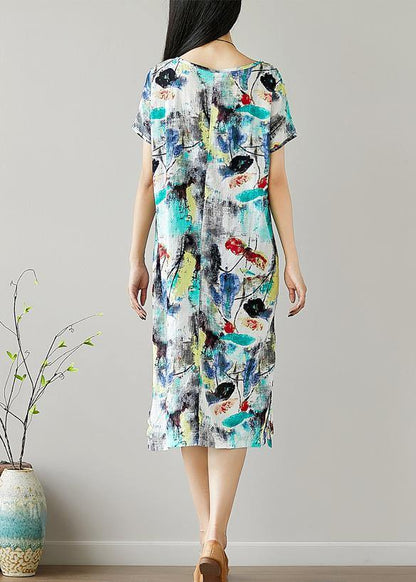 Organic O Neck Cotton Tunics Sewing Green Print Dresses Summer