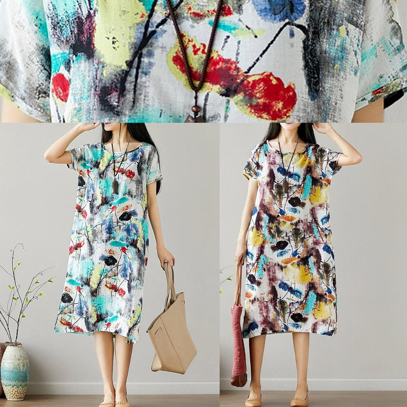 Organic O Neck Cotton Tunics Sewing Green Print Dresses Summer