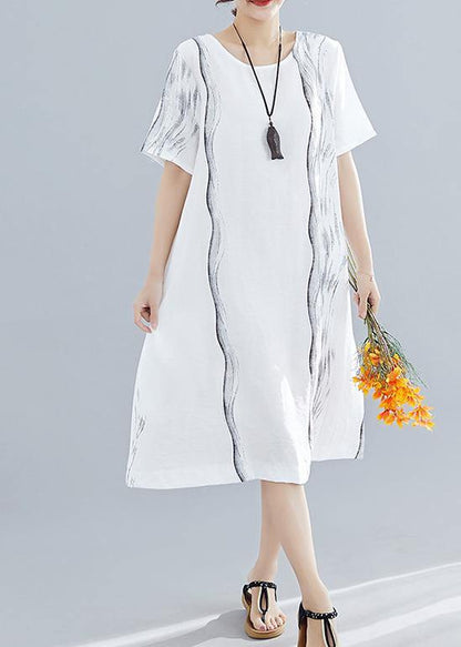 Organic O Neck Cotton Dresses Runway White Print Dresses Summer