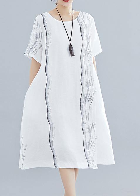 Organic O Neck Cotton Dresses Runway White Print Dresses Summer