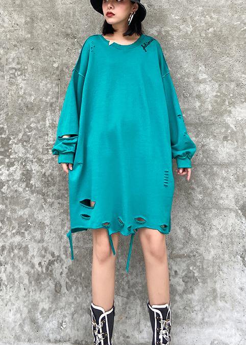 Organic o neck Hole spring Blouse blue green Knee shirt