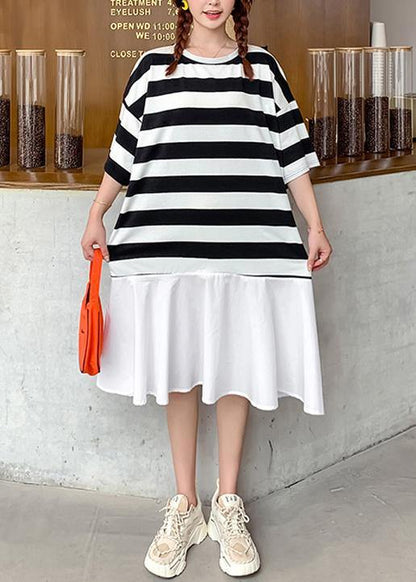 Organic O Neck Ruffles Summer Tunics for Work Black White Striped Dresses