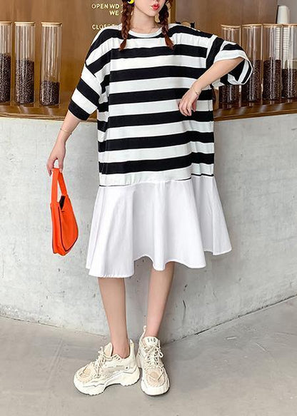Organic O Neck Ruffles Summer Tunics for Work Black White Striped Dresses
