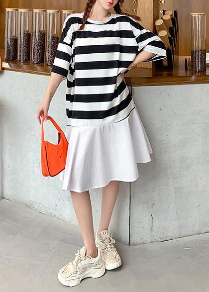 Organic O Neck Ruffles Summer Tunics for Work Black White Striped Dresses