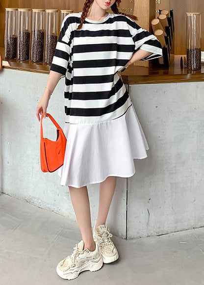 Organic O Neck Ruffles Summer Tunics for Work Black White Striped Dresses