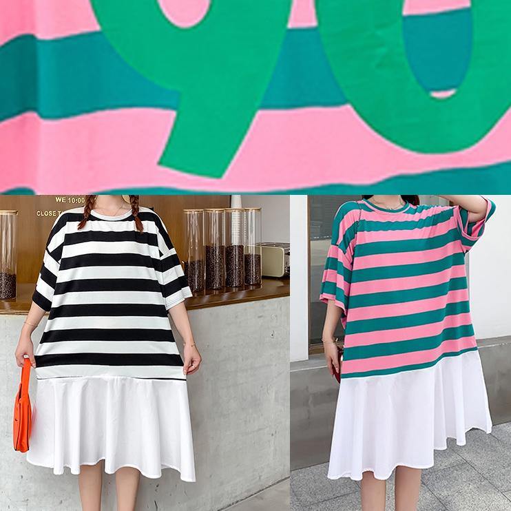 Organic O Neck Ruffles Summer Tunics for Work Black White Striped Dresses