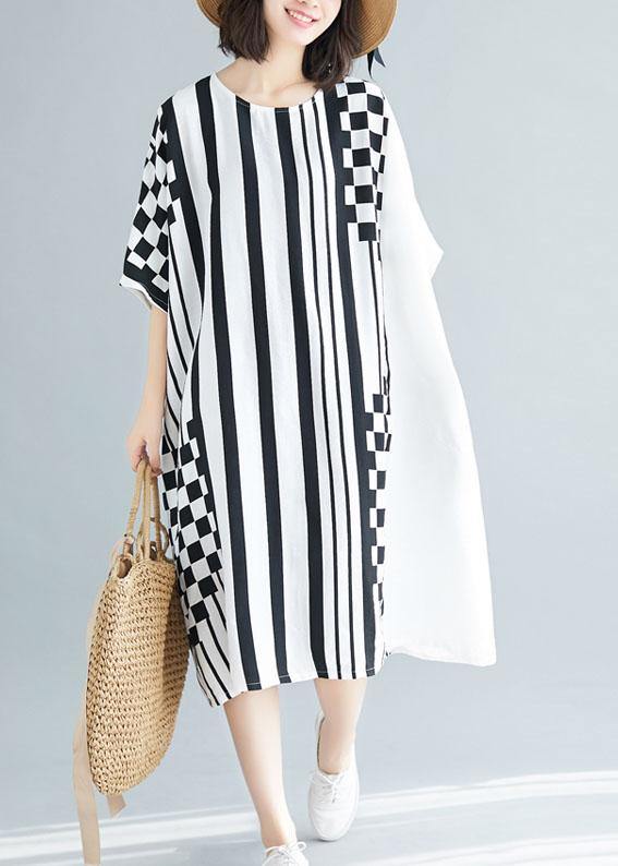 Organic O Neck Asymmetric Cotton White Striped Dress Summer