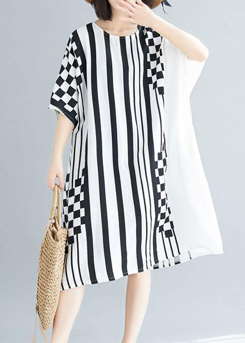 Organic O Neck Asymmetric Cotton White Striped Dress Summer
