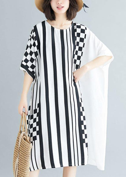 Organic O Neck Asymmetric Cotton White Striped Dress Summer