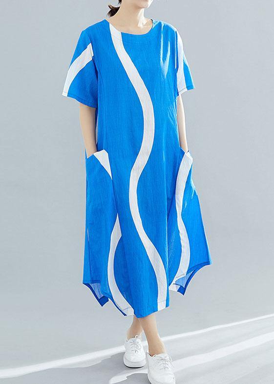 Organic O Neck Asymmetric Cotton Tunic Top Runway Blue Striped Art Dresses Summer