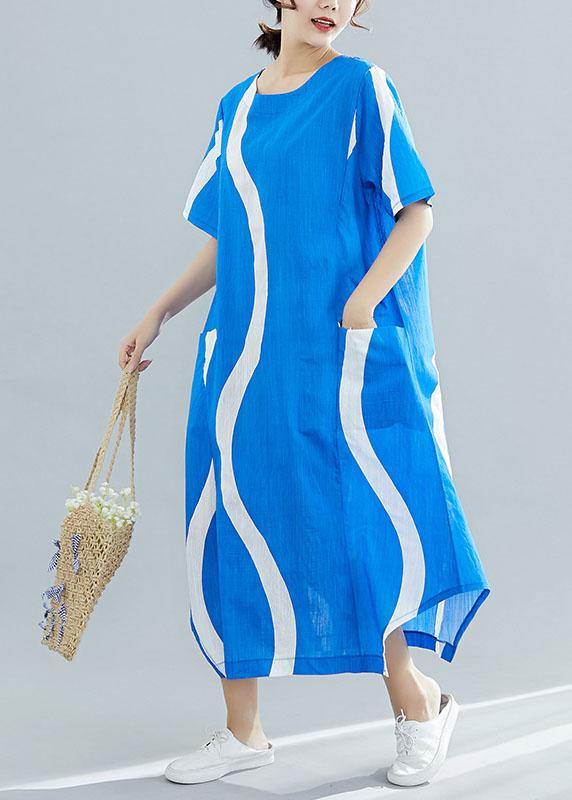 Organic O Neck Asymmetric Cotton Tunic Top Runway Blue Striped Art Dresses Summer