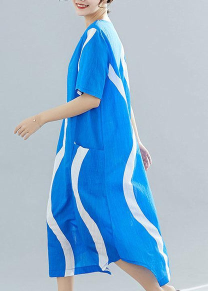 Organic O Neck Asymmetric Cotton Tunic Top Runway Blue Striped Art Dresses Summer