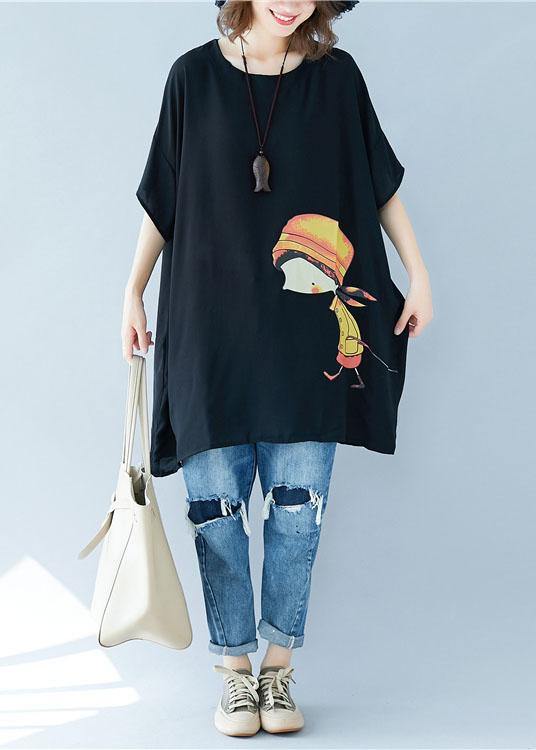 Organic O Neck Asymmetric Linen Summer Tunic Shirts Black Dress