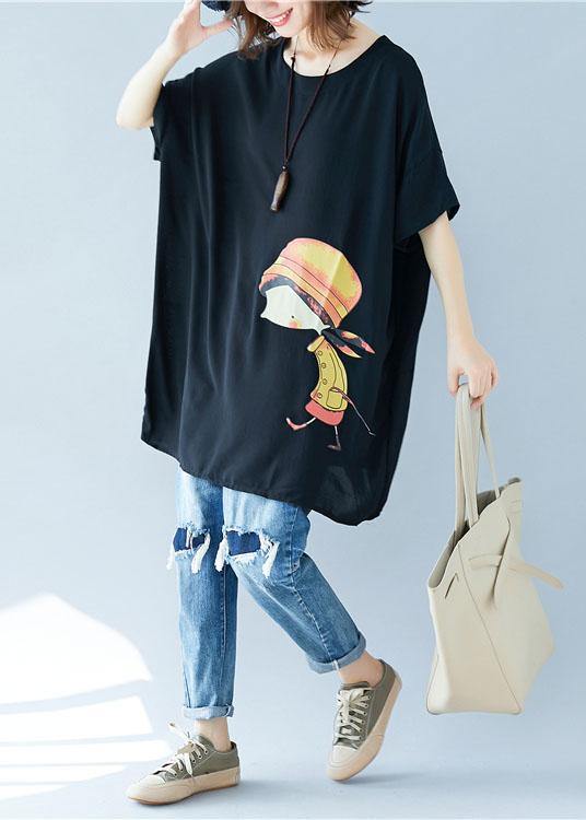 Organic O Neck Asymmetric Linen Summer Tunic Shirts Black Dress