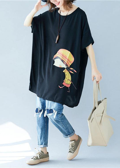 Organic O Neck Asymmetric Linen Summer Tunic Shirts Black Dress