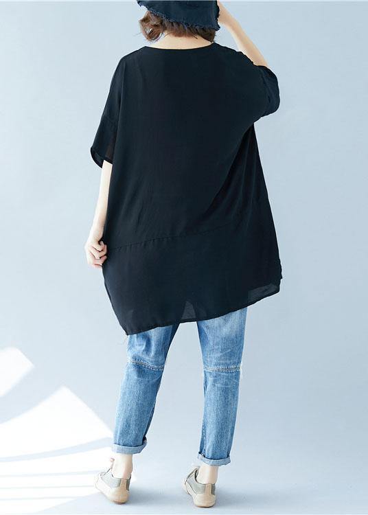 Organic O Neck Asymmetric Linen Summer Tunic Shirts Black Dress