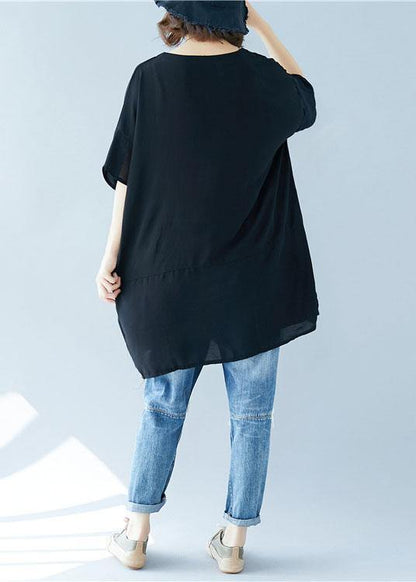 Organic O Neck Asymmetric Linen Summer Tunic Shirts Black Dress