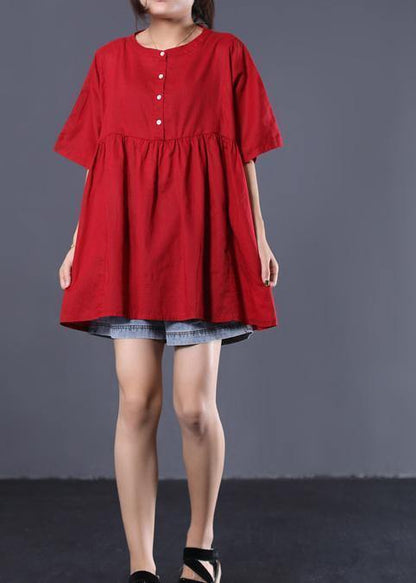 Organic O Neck Cotton Shirts Red Short Tops Summer