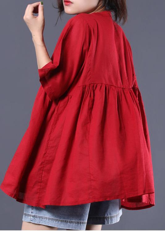 Organic O Neck Cotton Shirts Red Short Tops Summer
