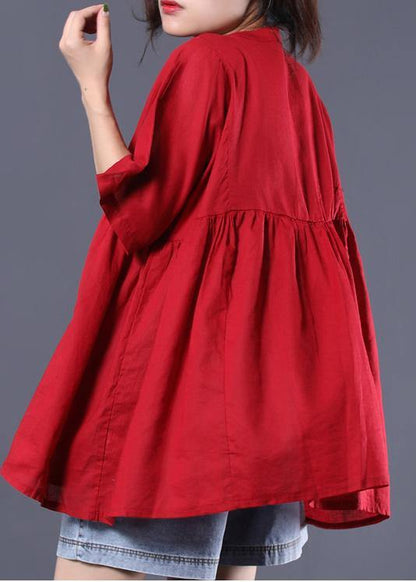 Organic O Neck Cotton Shirts Red Short Tops Summer