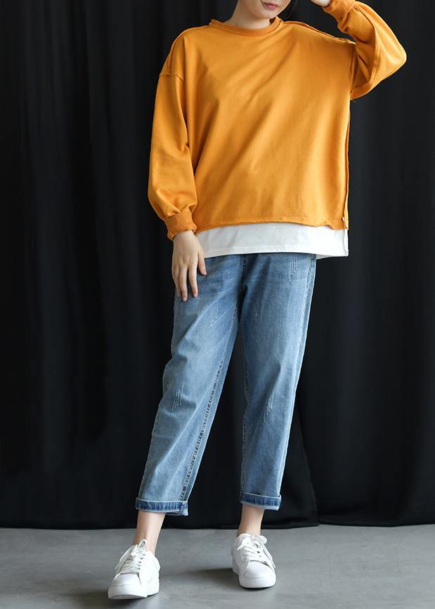 Organic O Neck False Two Pieces Cotton Outfits Yellow Top Fall