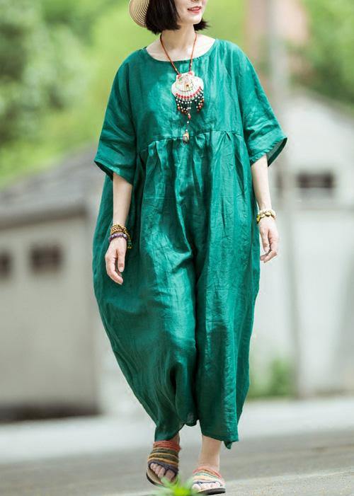 Organic O Neck Large Hem Linen Dress Blackish Green Dress Summer