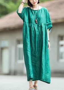 Organic O Neck Large Hem Linen Dress Blackish Green Dress Summer