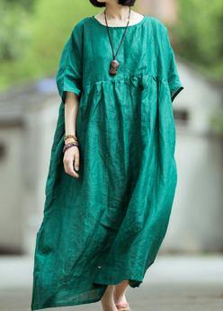 Organic O Neck Large Hem Linen Dress Blackish Green Dress Summer