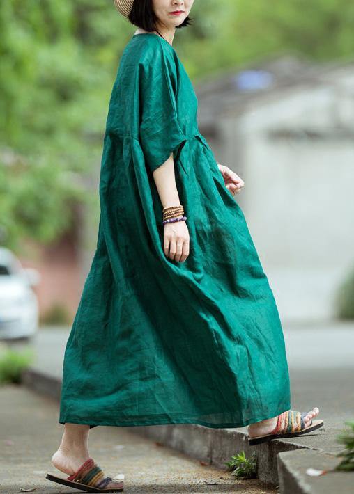 Organic O Neck Large Hem Linen Dress Blackish Green Dress Summer
