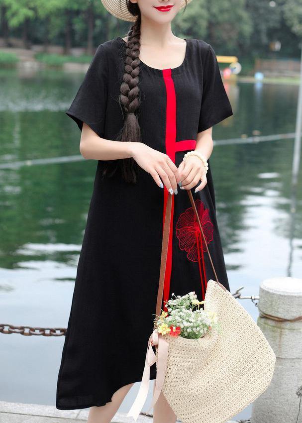 Organic O Neck Linen Wardrobes Photography Black Embroidery Dress Summer