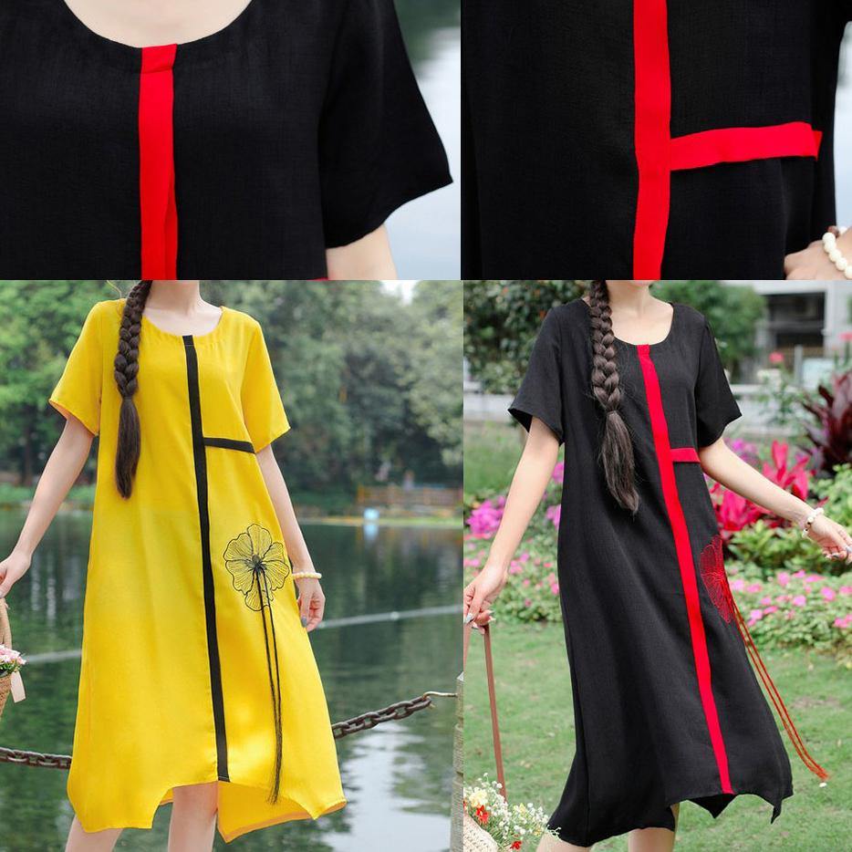 Organic O Neck Linen Wardrobes Photography Black Embroidery Dress Summer