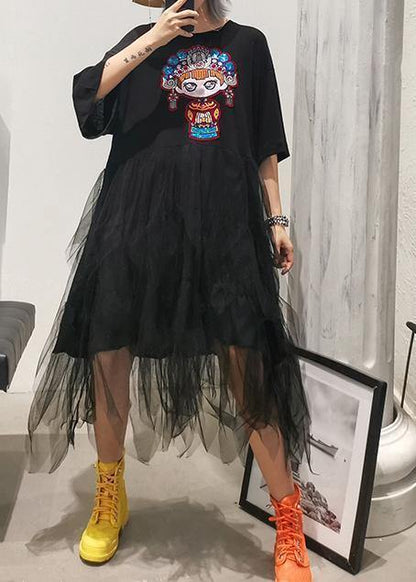 Organic O Neck Patchwork Asymmetric Cotton Dresses Black Print Dress Summer