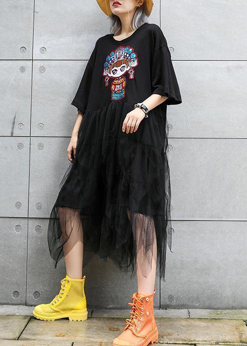 Organic O Neck Patchwork Asymmetric Cotton Dresses Black Print Dress Summer