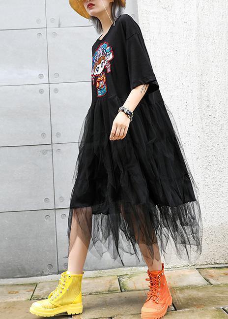 Organic O Neck Patchwork Asymmetric Cotton Dresses Black Print Dress Summer