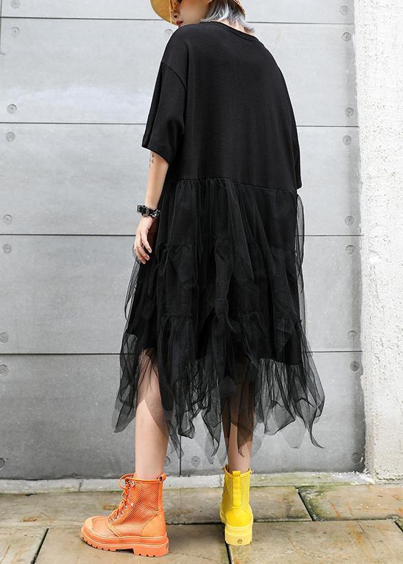 Organic O Neck Patchwork Asymmetric Cotton Dresses Black Print Dress Summer