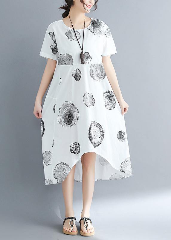 Organic O Neck Patchwork Cotton Linen Dresses Shirts White Dotted Art Dresses Summer