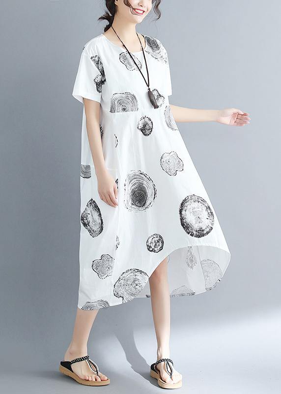 Organic O Neck Patchwork Cotton Linen Dresses Shirts White Dotted Art Dresses Summer
