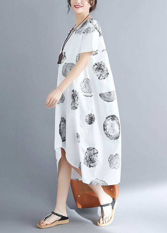 Organic O Neck Patchwork Cotton Linen Dresses Shirts White Dotted Art Dresses Summer