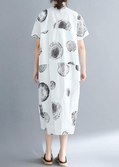Organic O Neck Patchwork Cotton Linen Dresses Shirts White Dotted Art Dresses Summer