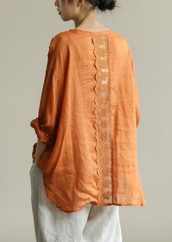 Organic o neck patchwork lace fall tunics for women Shirts orange shirts